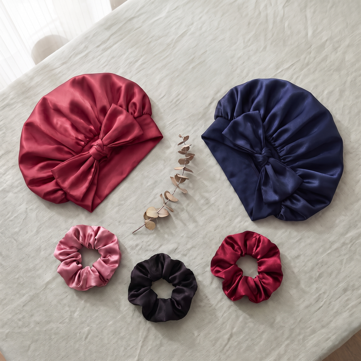 Curl-Safe Bonnet Set — Satin Sleep Bonnet + 3 Scrunchies