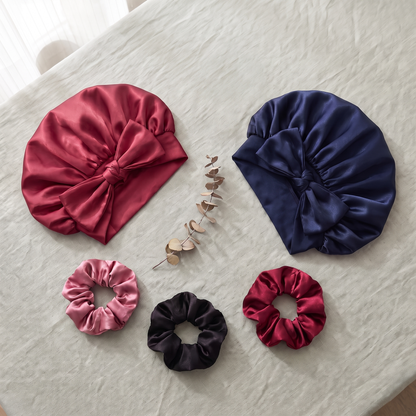 Curl-Safe Bonnet Set — Satin Sleep Bonnet + 3 Scrunchies