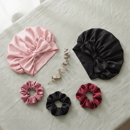 Curl-Safe Bonnet Set — Satin Sleep Bonnet + 3 Scrunchies