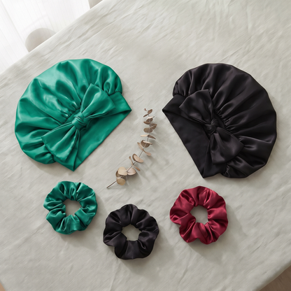 Curl-Safe Bonnet Set — Satin Sleep Bonnet + 3 Scrunchies